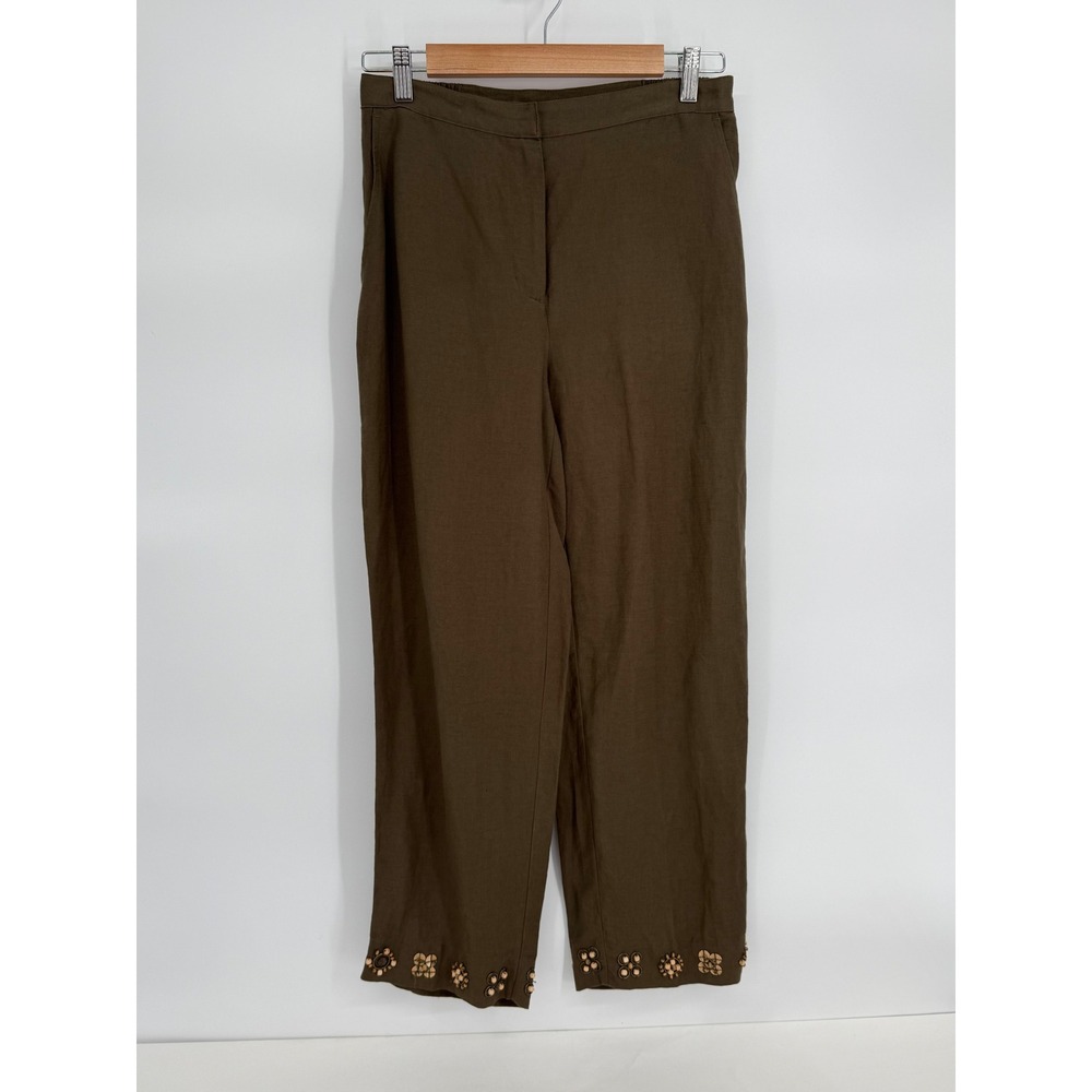Ruby Rd Womens Sz 8 Linen Blend Pants Olive Brown Beaded Floral Hem Straight Leg